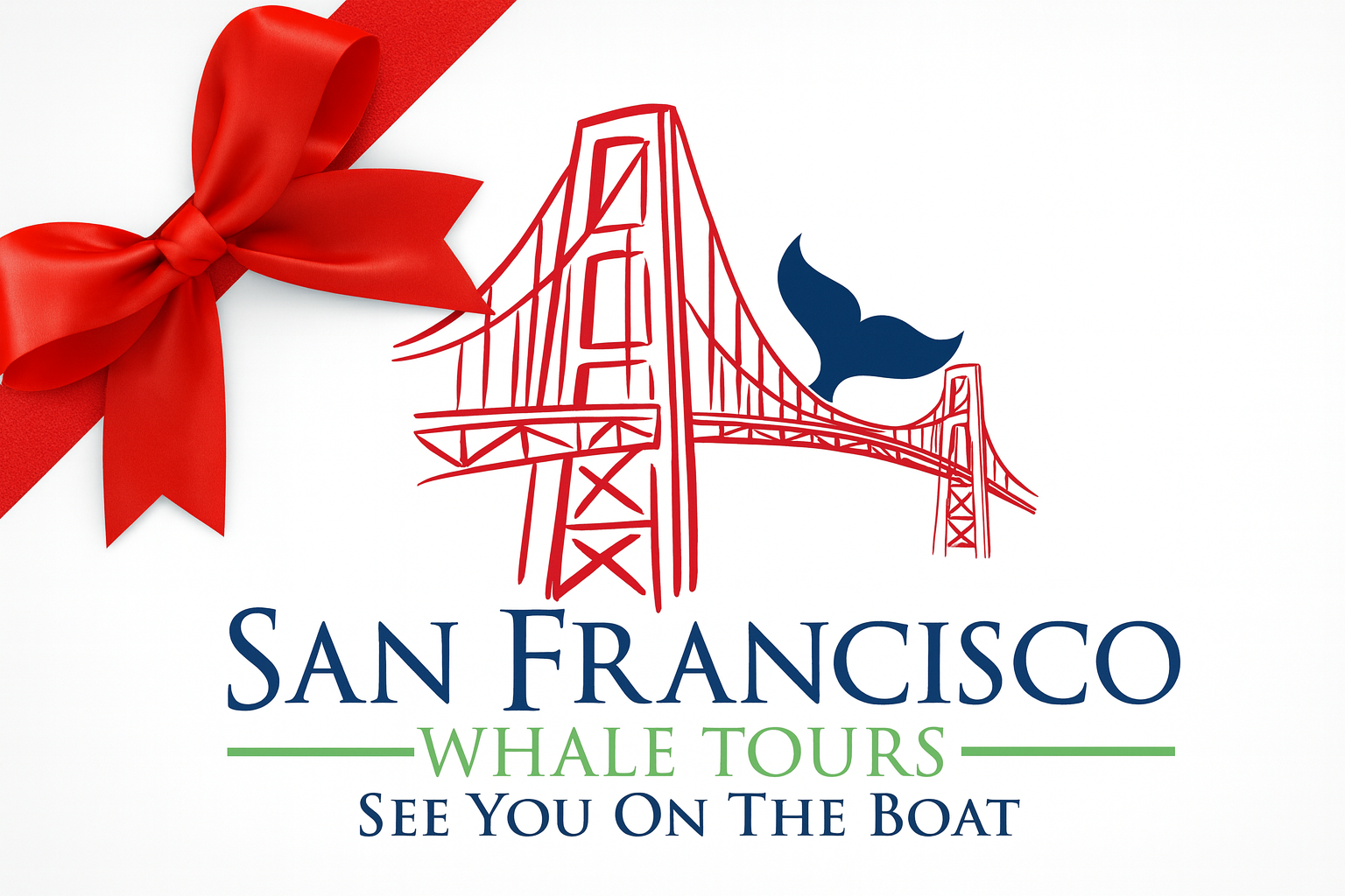 Red bridge outline with blue whale tail, red ribbon, and 'San Francisco Whale Tours' text.